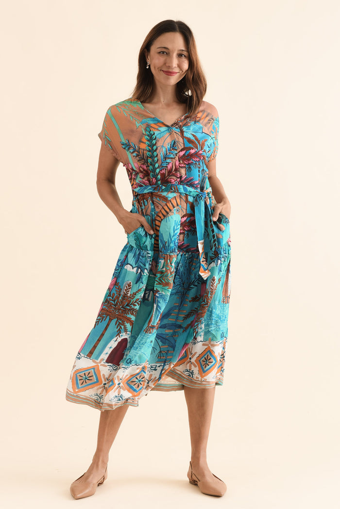 Heston Blue Tropical Button Dress,Full Body,Brunette model,alt text|model:Cara