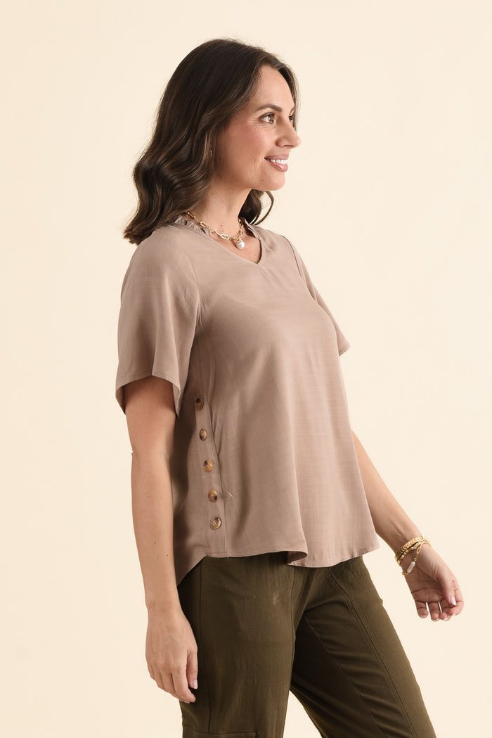 Hina Mocha Frill Collar Top,brunette model,Side of Outfit,alt text|model:MJ