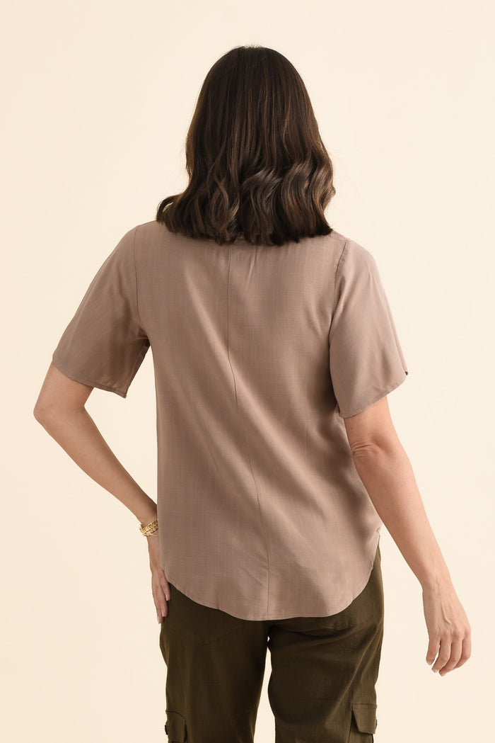 Hina Mocha Frill Collar Top,brunette model,Back of Outfit,alt text|model:MJ
