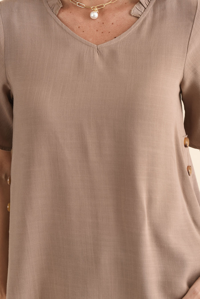 Hina Mocha Frill Collar Top,brunette model,Close up of outfit,alt text|model:MJ