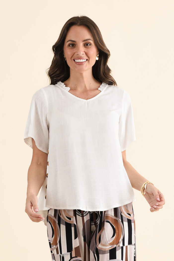Hina White Frill Collar Top,brunette model,Front of Outfit,alt text|model:MJ