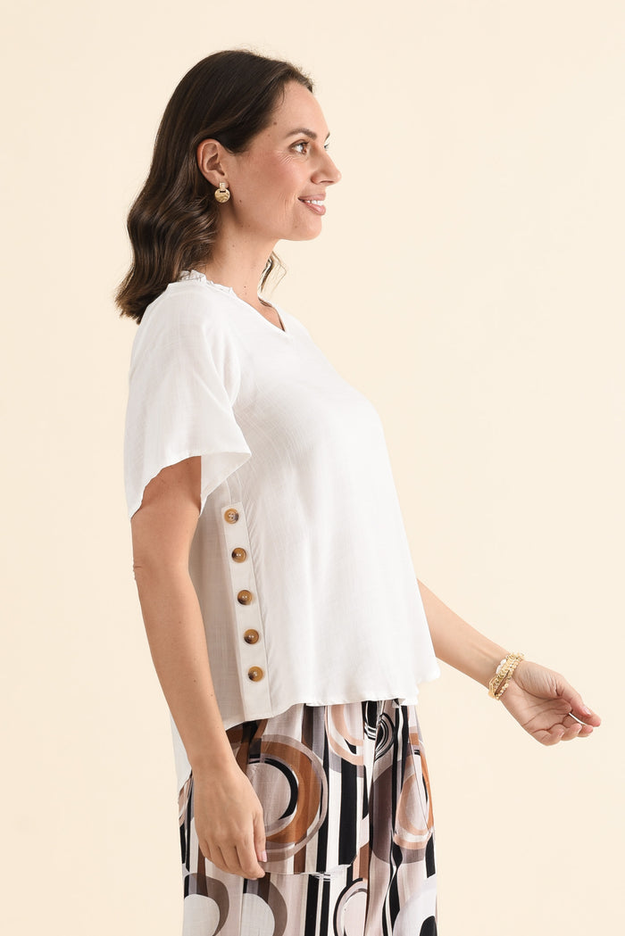 Hina White Frill Collar Top,brunette model,Side of Outfit,alt text|model:MJ