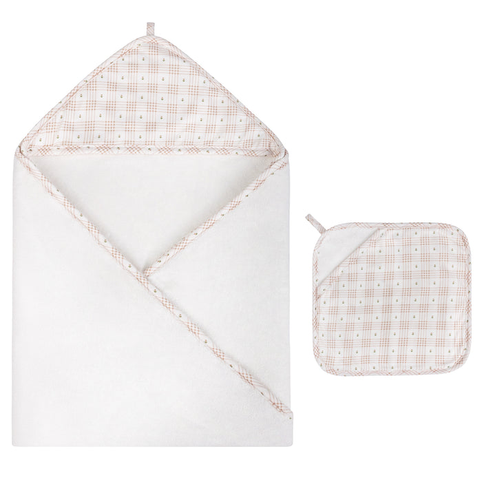 Hooded Towel & Pocket Wash Cloth – Pink - Floral Plaid Collection