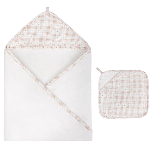 Hooded Towel & Pocket Wash Cloth – Pink - Floral Plaid Collection