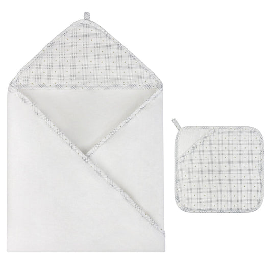 Hooded Towel with Pocket Wash Cloth – Blue - Floral Plaid Collection
