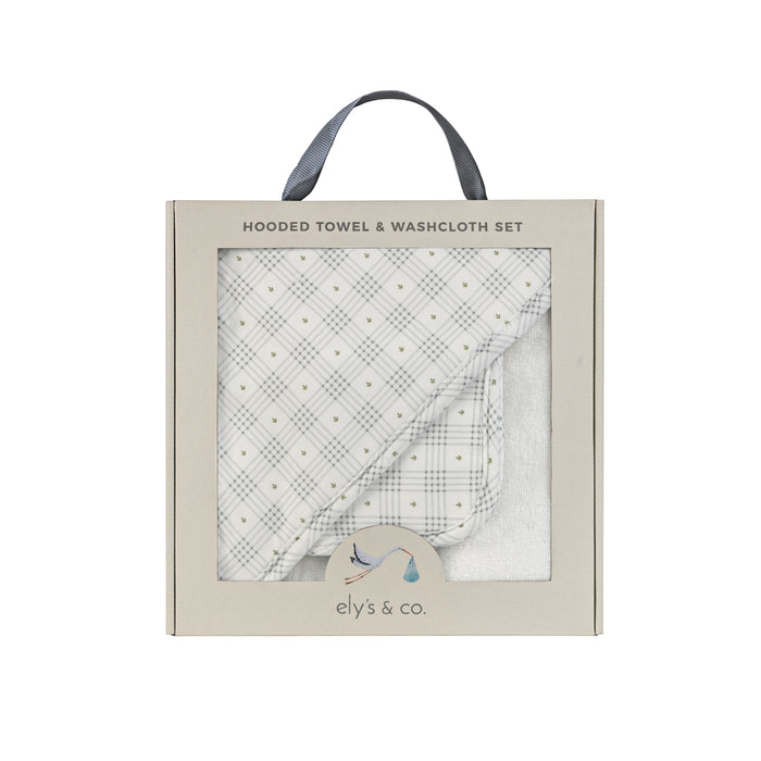 Hooded Towel with Pocket Wash Cloth – Blue - Floral Plaid Collection