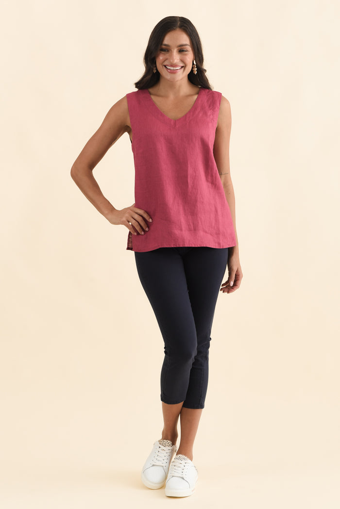 Inez Pink Linen Tank,Brunette model,alt text|model:Brontie