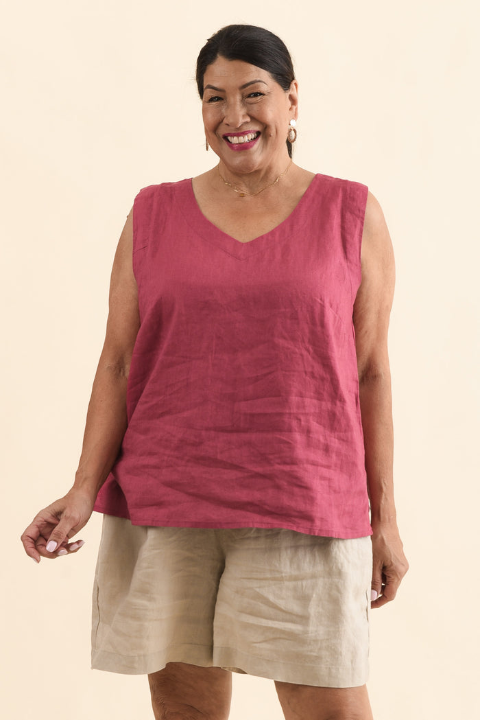 Inez Pink Linen Tank,Front,Brunette model,alt text|model:Pilita