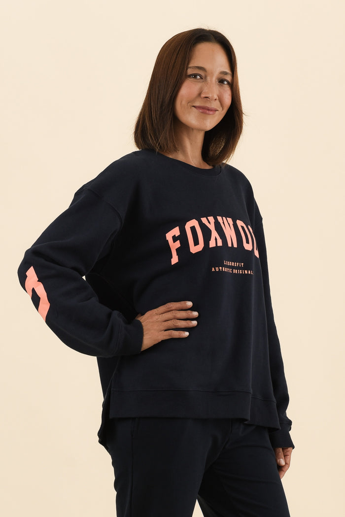 Interval Navy Crewneck Sweatshirt,Side,Brunette model,alt text|model:Cara