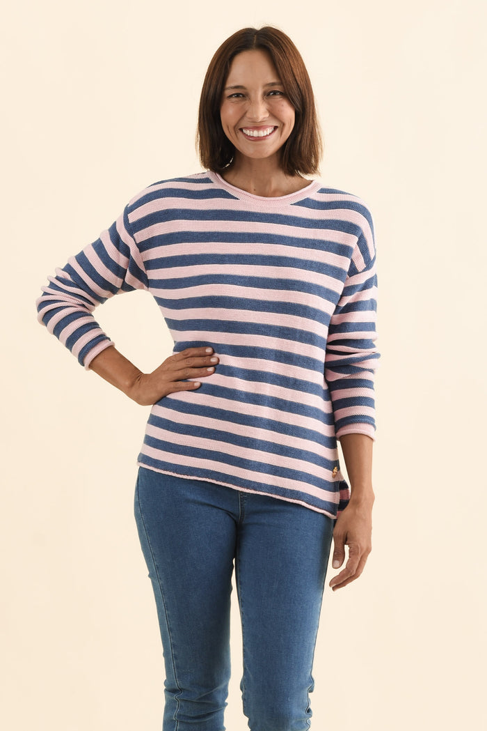 Ivana Pink Stripe Organic Cotton Knit Jumper,Brunette model,alt text|model:Cara