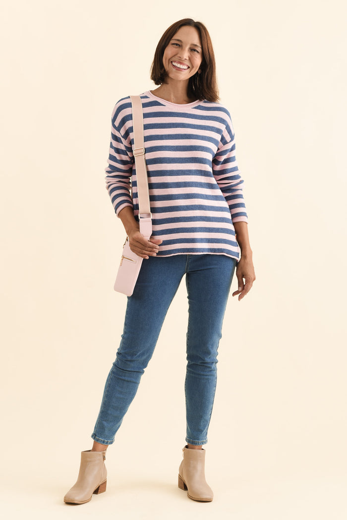 Ivana Pink Stripe Organic Cotton Knit Jumper,Brunette model,alt text|model:Cara