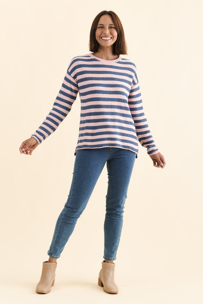 Ivana Pink Stripe Organic Cotton Knit Jumper,Brunette model,alt text|model:Cara