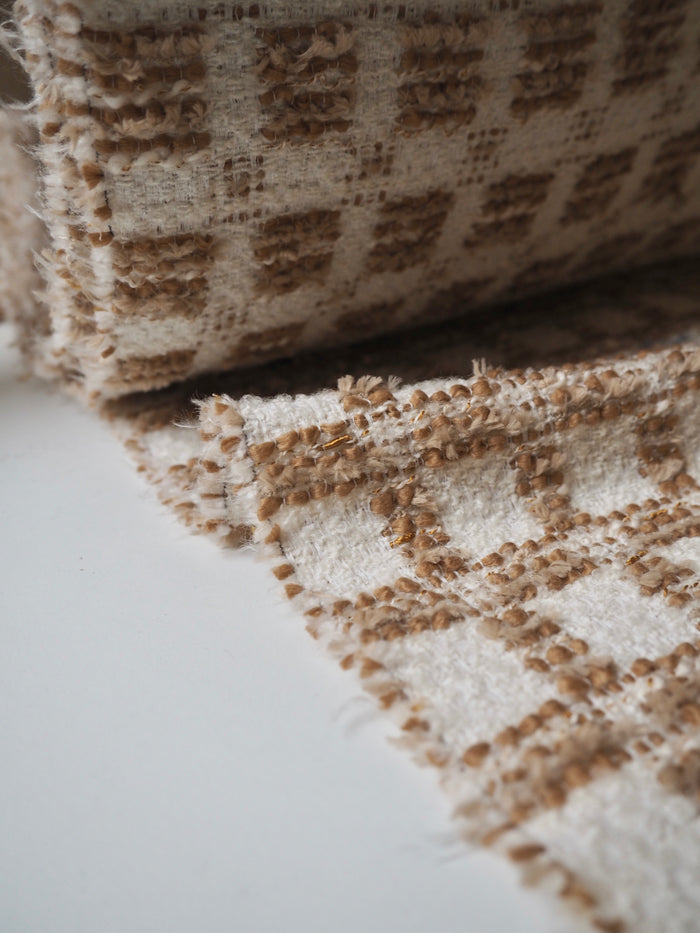 Ivory + Brown Check Bouclé Wool Blend Coating