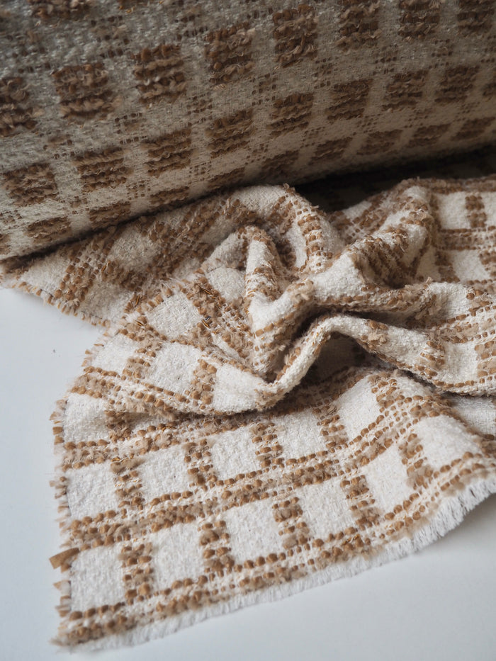 Ivory + Brown Check Bouclé Wool Blend Coating