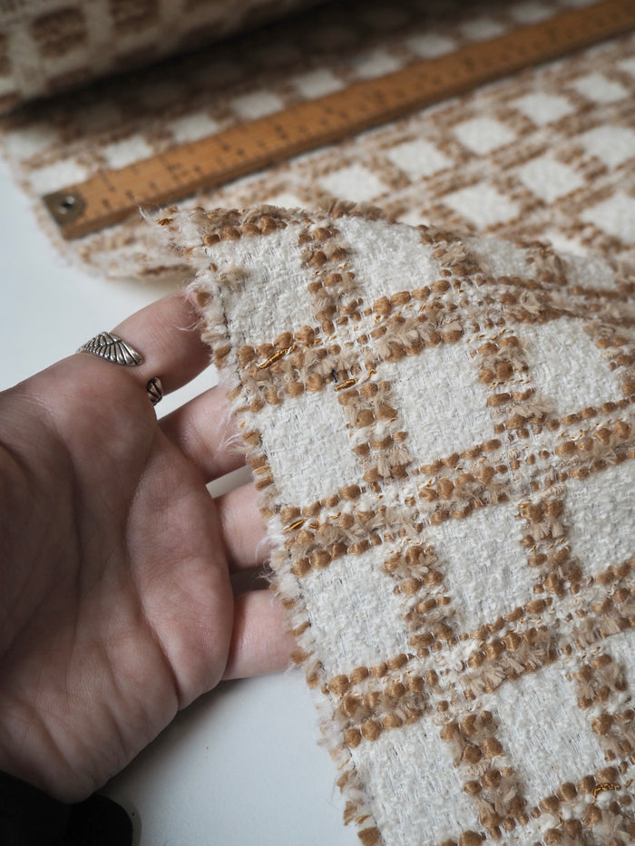 Ivory + Brown Check Bouclé Wool Blend Coating