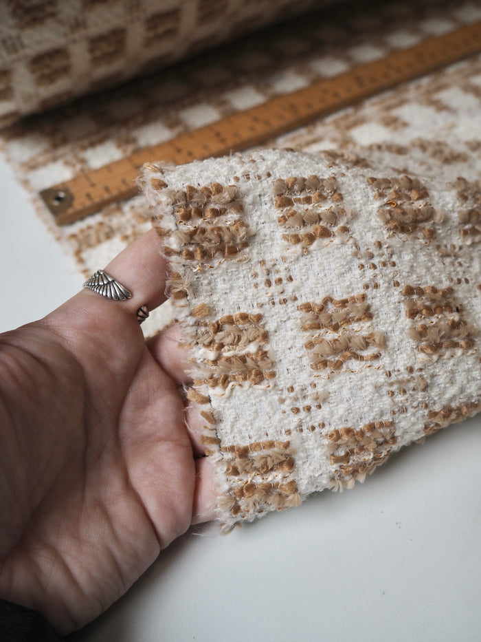 Ivory + Brown Check Bouclé Wool Blend Coating