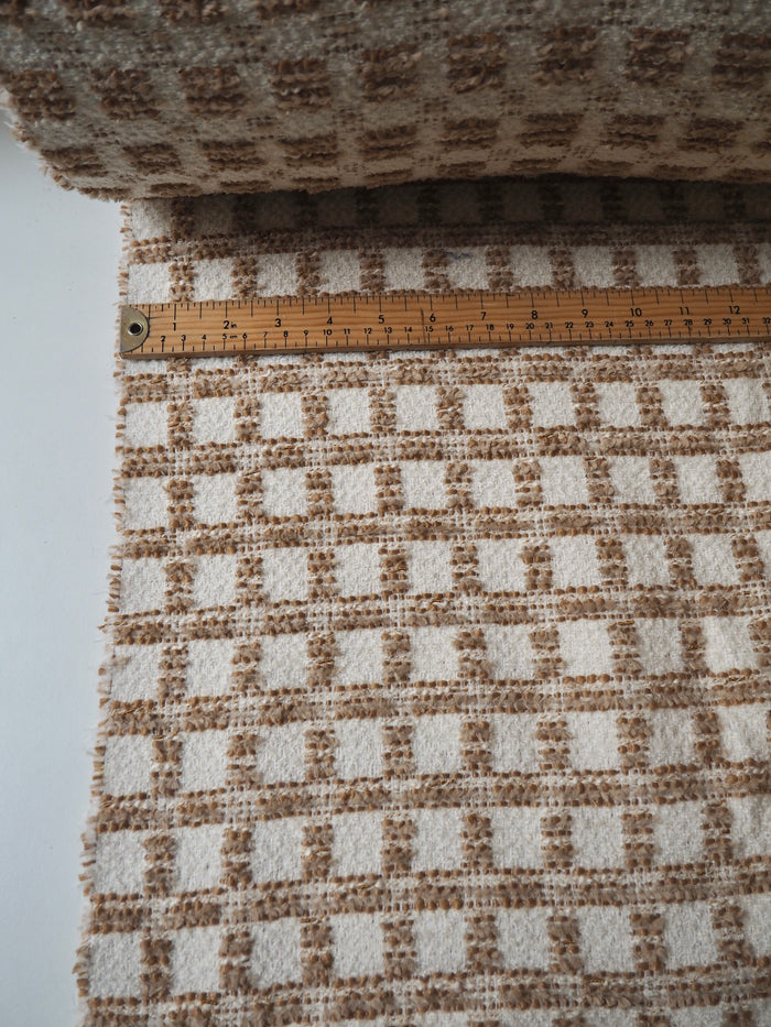 Ivory + Brown Check Bouclé Wool Blend Coating