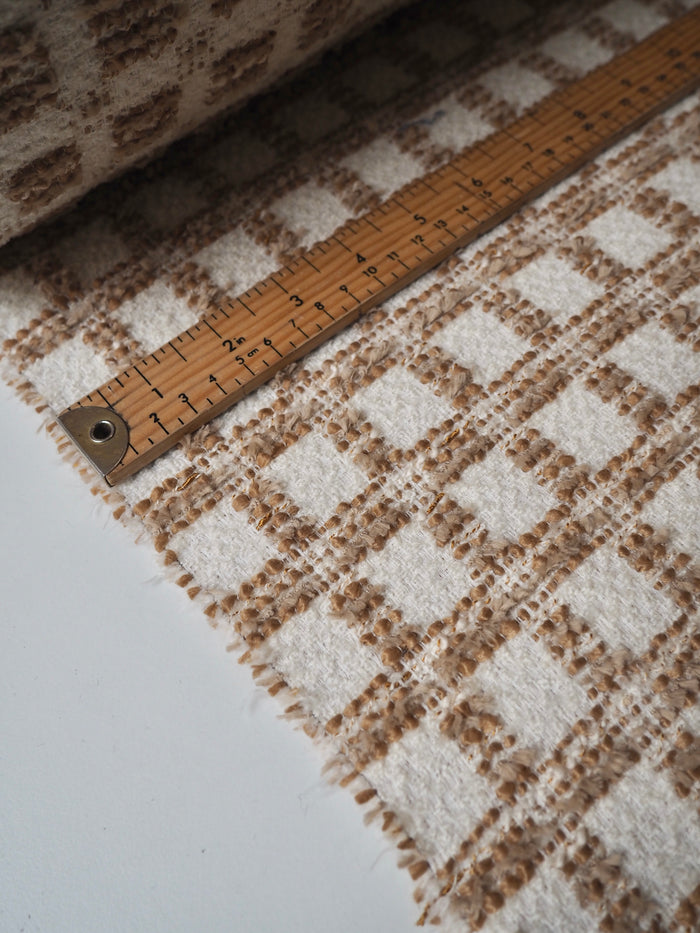 Ivory + Brown Check Bouclé Wool Blend Coating