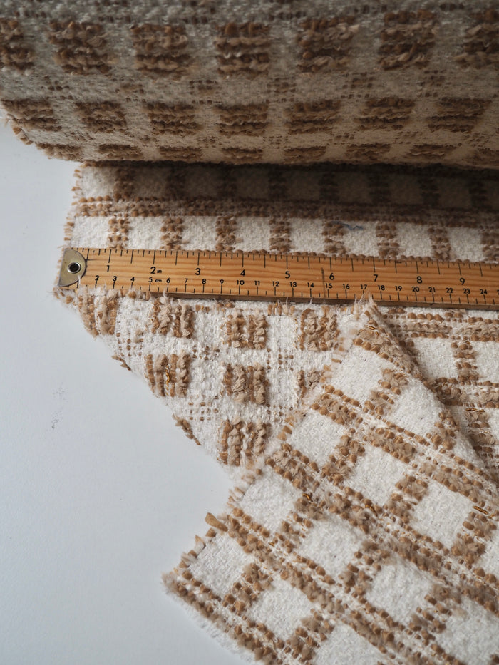 Ivory + Brown Check Bouclé Wool Blend Coating