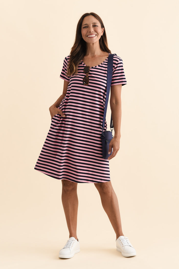 Izzy Pink Stripe Cotton Tee Dress,Brunette model,alt text|model:Cara