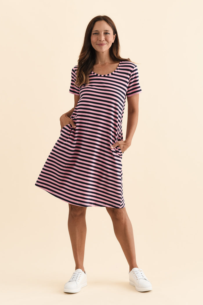Izzy Pink Stripe Cotton Tee Dress,Brunette model,alt text|model:Cara