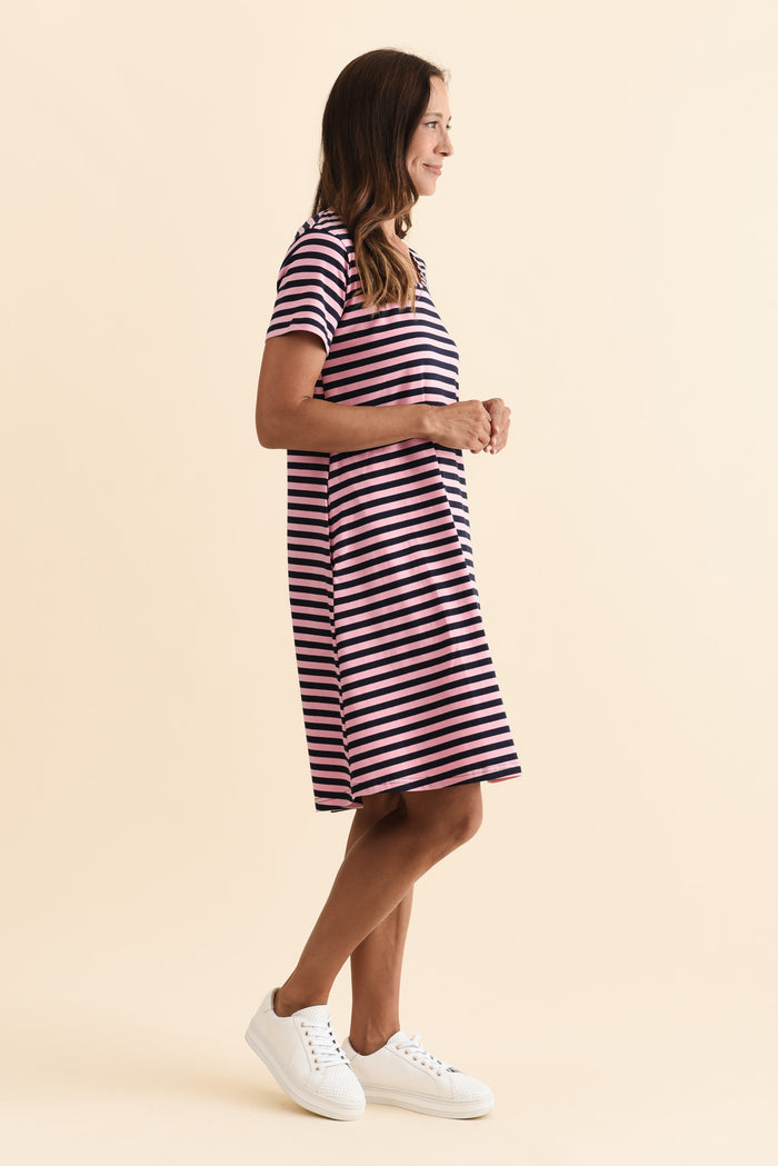Izzy Pink Stripe Cotton Tee Dress,Brunette model,alt text|model:Cara
