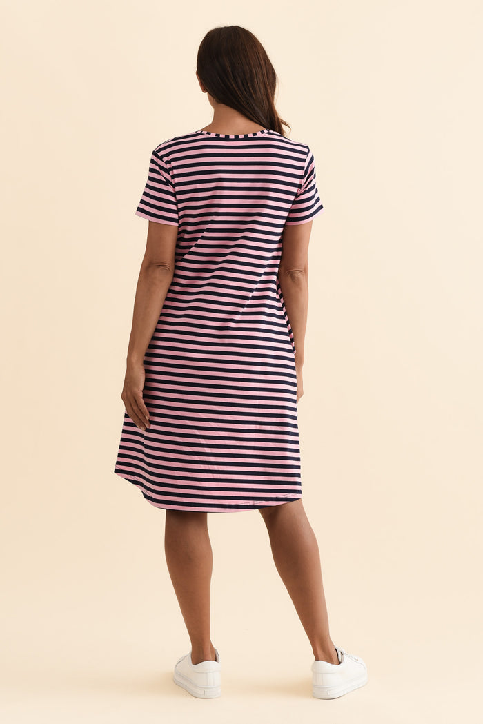 Izzy Pink Stripe Cotton Tee Dress,Brunette model,alt text|model:Cara