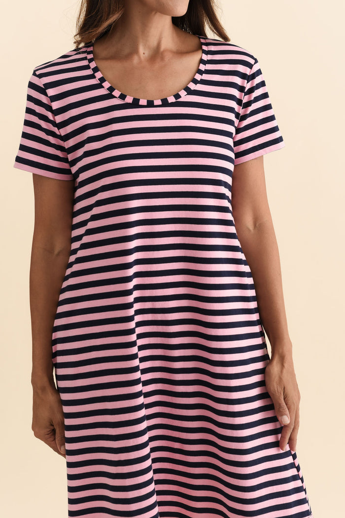 Izzy Pink Stripe Cotton Tee Dress,Brunette model,alt text|model:Cara