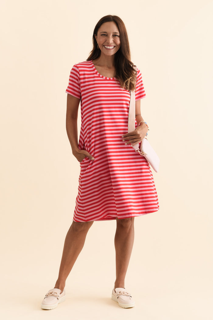 Izzy Red Stripe Cotton Tee Dress,Brunette model,alt text|model:Cara