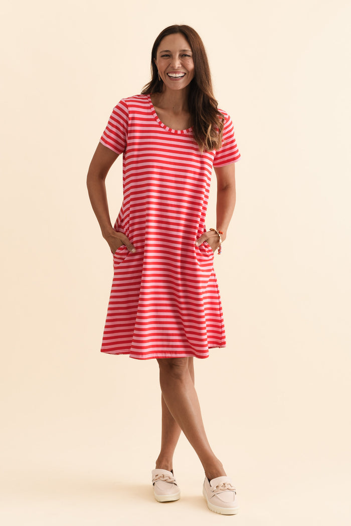 Izzy Red Stripe Cotton Tee Dress,Brunette model,alt text|model:Cara