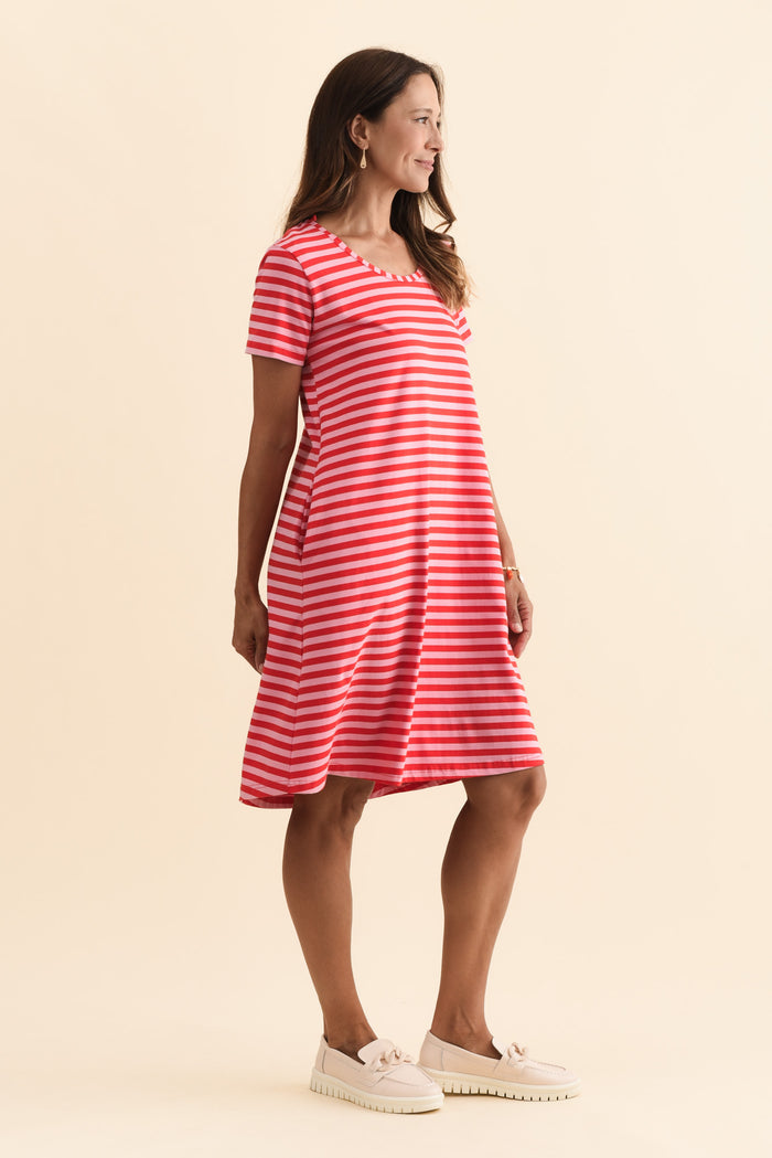 Izzy Red Stripe Cotton Tee Dress,Brunette model,alt text|model:Cara