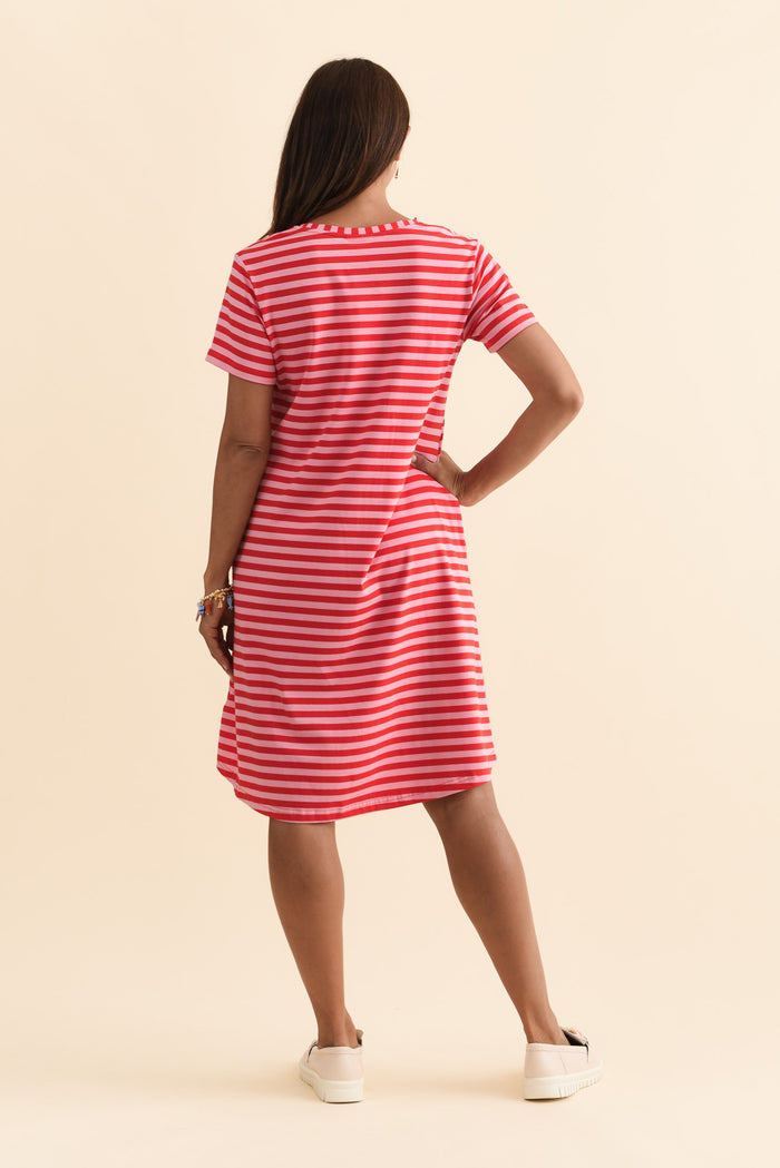 Izzy Red Stripe Cotton Tee Dress,Brunette model,alt text|model:Cara