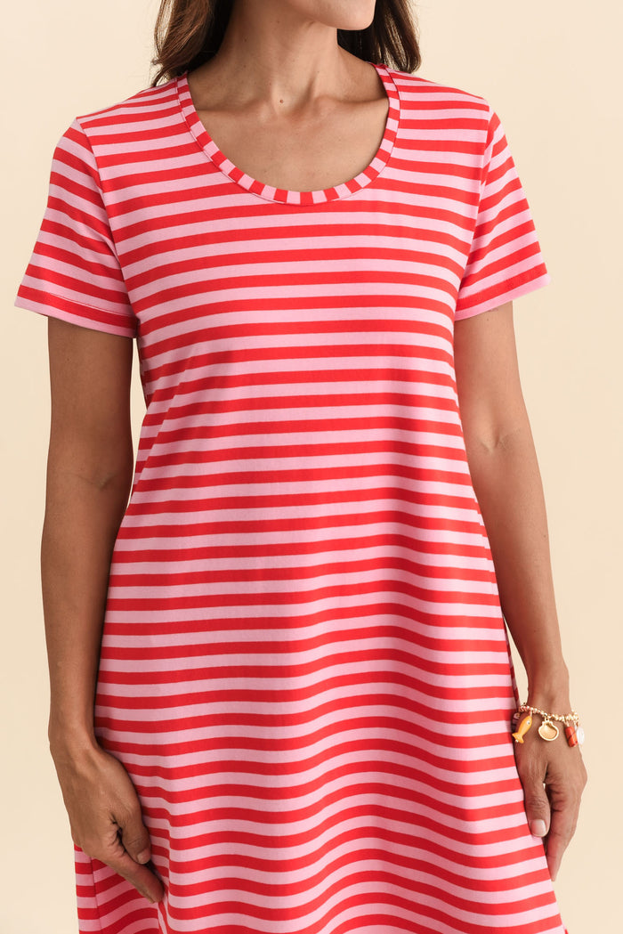 Izzy Red Stripe Cotton Tee Dress,Brunette model,alt text|model:Cara