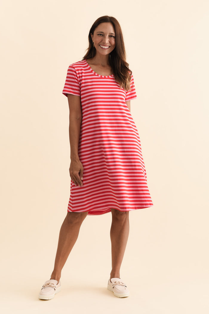 Izzy Red Stripe Cotton Tee Dress,Brunette model,alt text|model:Cara
