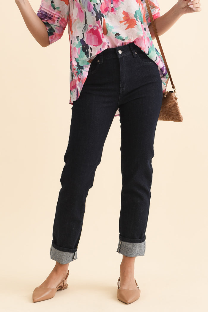 James Dark Blue Denim Stretch Jeans,Brunette model,alt text|model:MJ