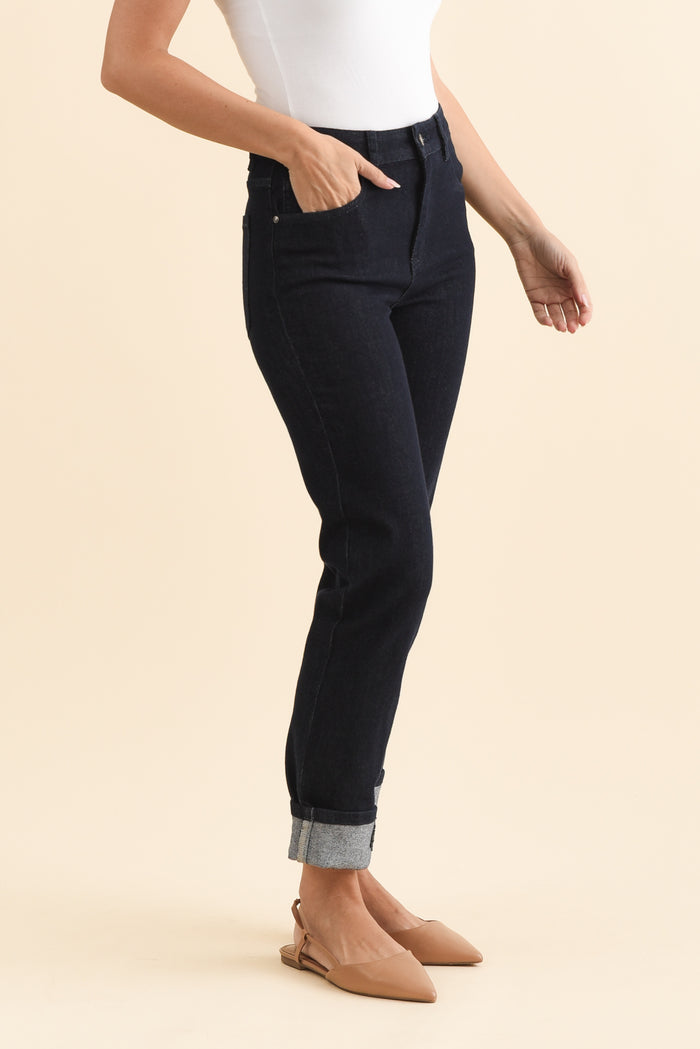 James Dark Blue Denim Stretch Jeans,Brunette model,alt text|model:MJ