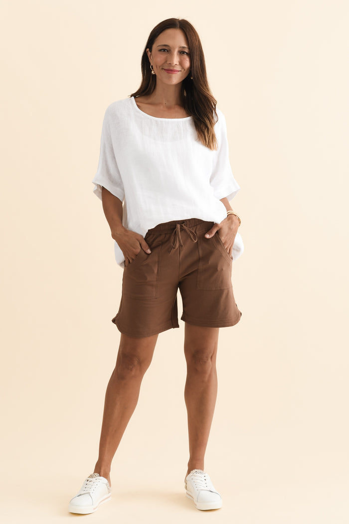 Jonah Chocolate Cotton Drawstring Shorts,Brunette model,alt text|model:Cara