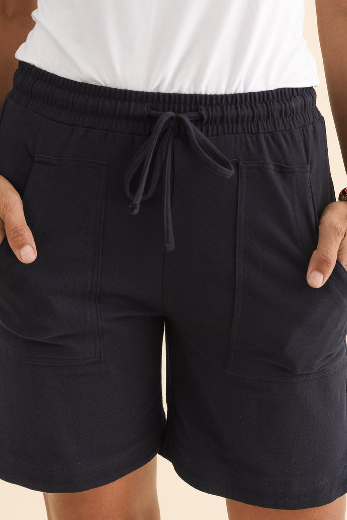 Jonah Navy Cotton Drawstring Shorts,Brunette model,alt text|model:Cara