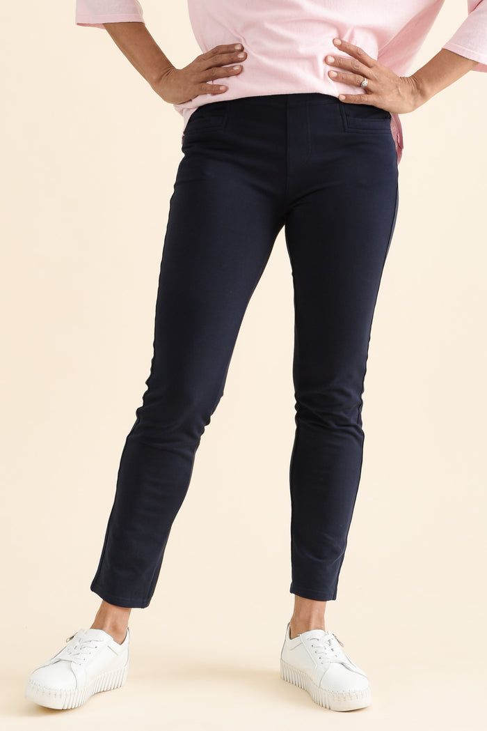 Jove Navy Cotton Stretch Pants,brunette model,Front of Outfit,alt text|model:Cara