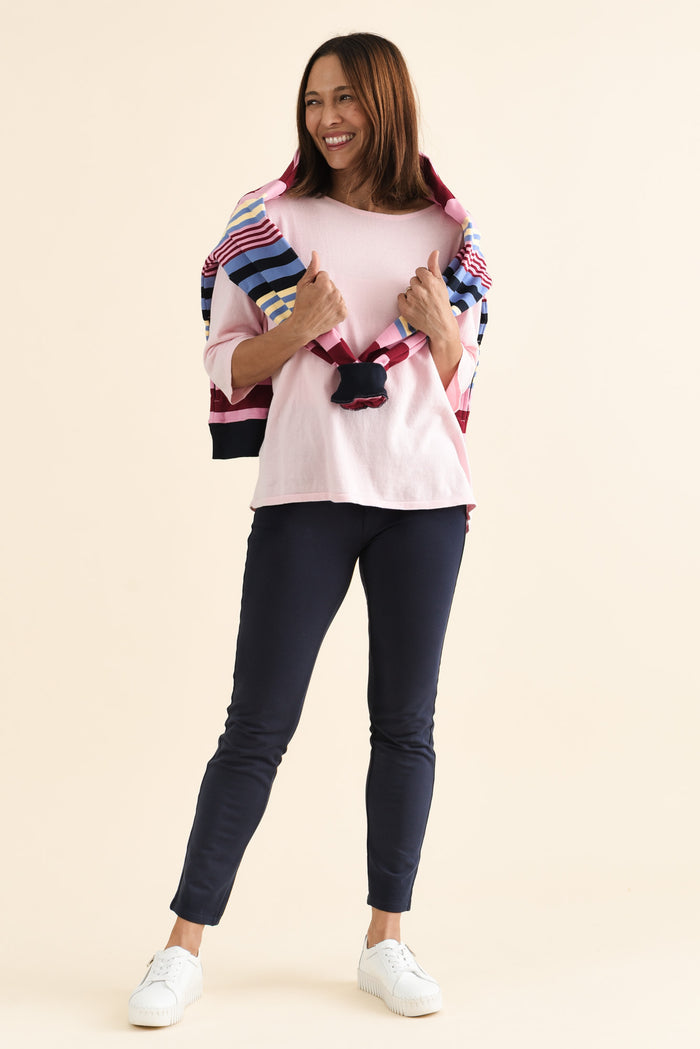 Jove Navy Cotton Stretch Pants,brunette model,Full Outfit,alt text|model:Cara