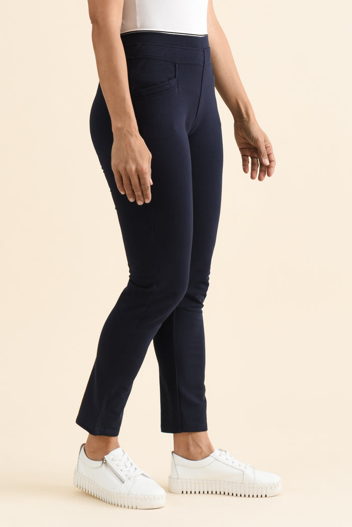Jove Navy Cotton Stretch Pants,brunette model,Side of Outfit,alt text|model:Cara