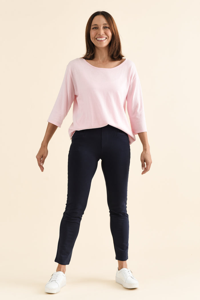 Jove Navy Cotton Stretch Pants,brunette model,Full Outfit,alt text|model:Cara