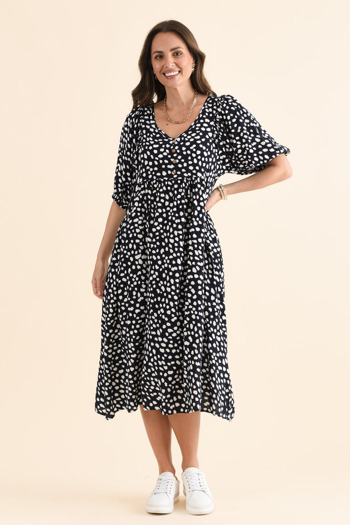 Kacey Navy Spot Button Dress,Front,Brunette model,alt text|model:MJ