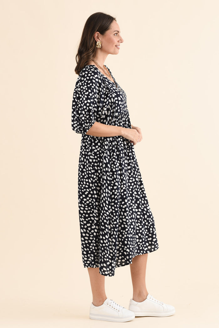 Kacey Navy Spot Button Dress,Side,Brunette model,alt text|model:MJ