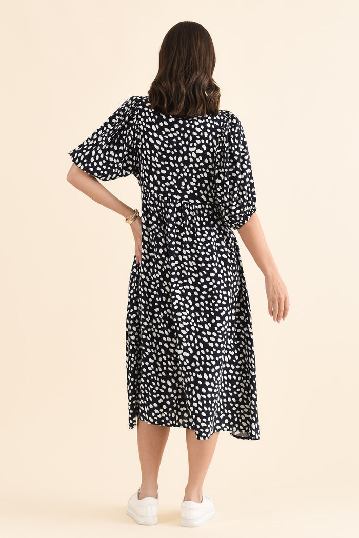 Kacey Navy Spot Button Dress,Back,Brunette model,alt text|model:MJ