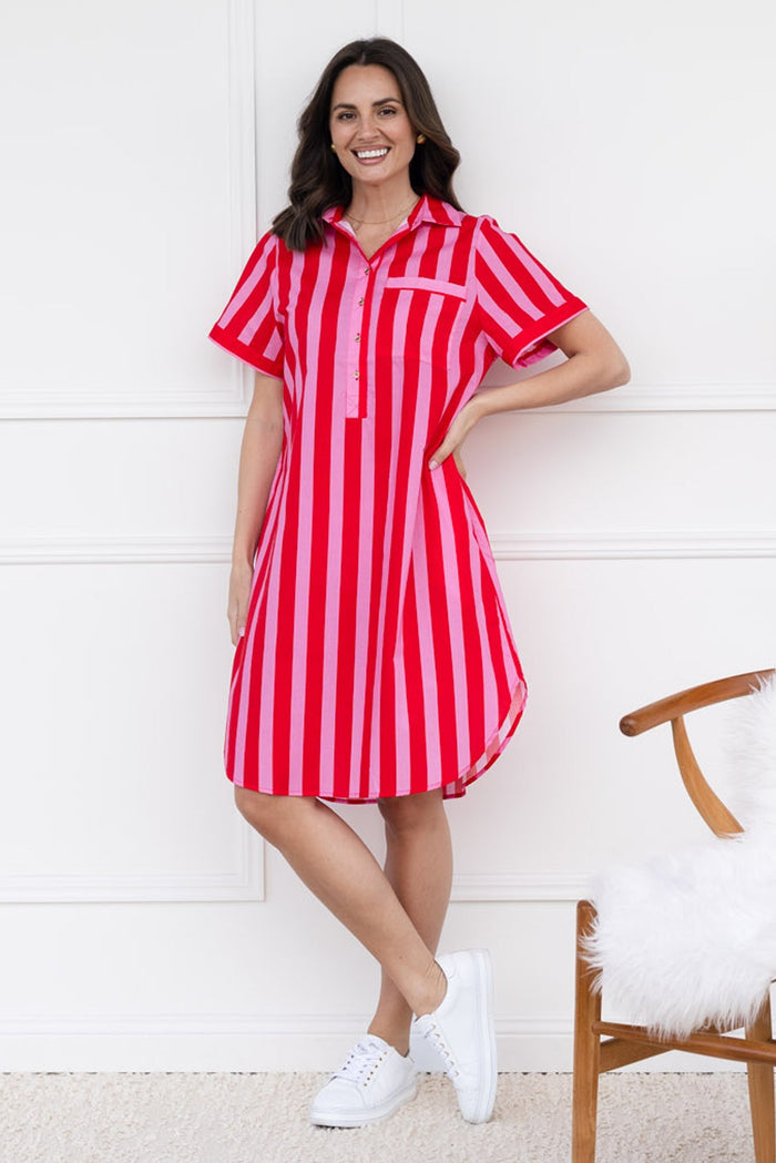 Kareem Red Stripe Cotton Collared Dress,brunette model,Lifestyle