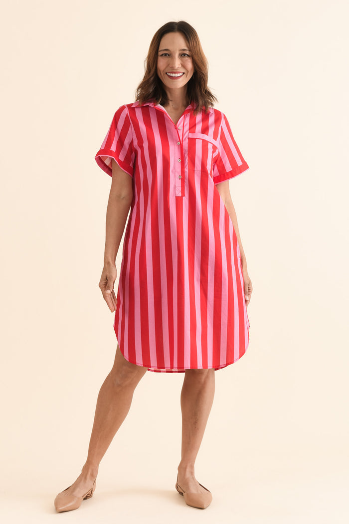 Kareem Red Stripe Cotton Collared Dress,Full Body,Brunette model,alt text|model:Cara