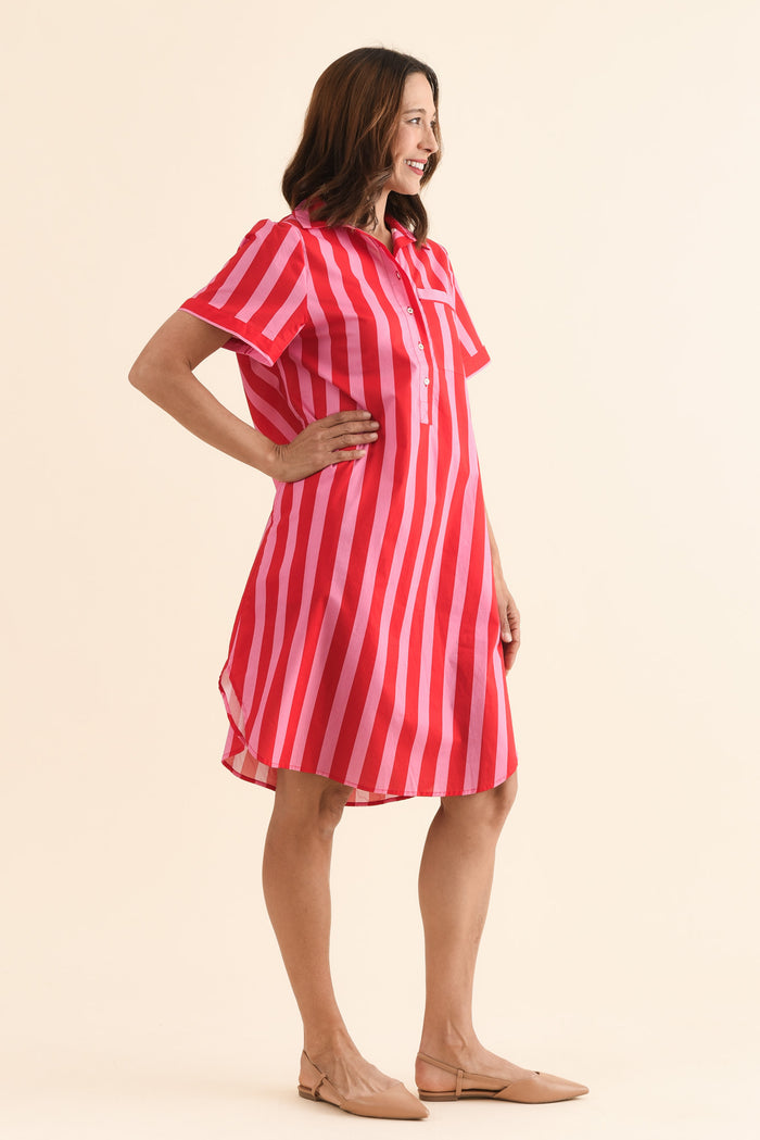 Kareem Red Stripe Cotton Collared Dress,Side,Brunette model,alt text|model:Cara