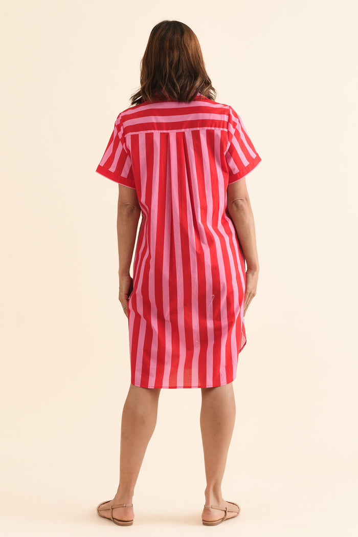 Kareem Red Stripe Cotton Collared Dress,Back,Brunette model,alt text|model:Cara