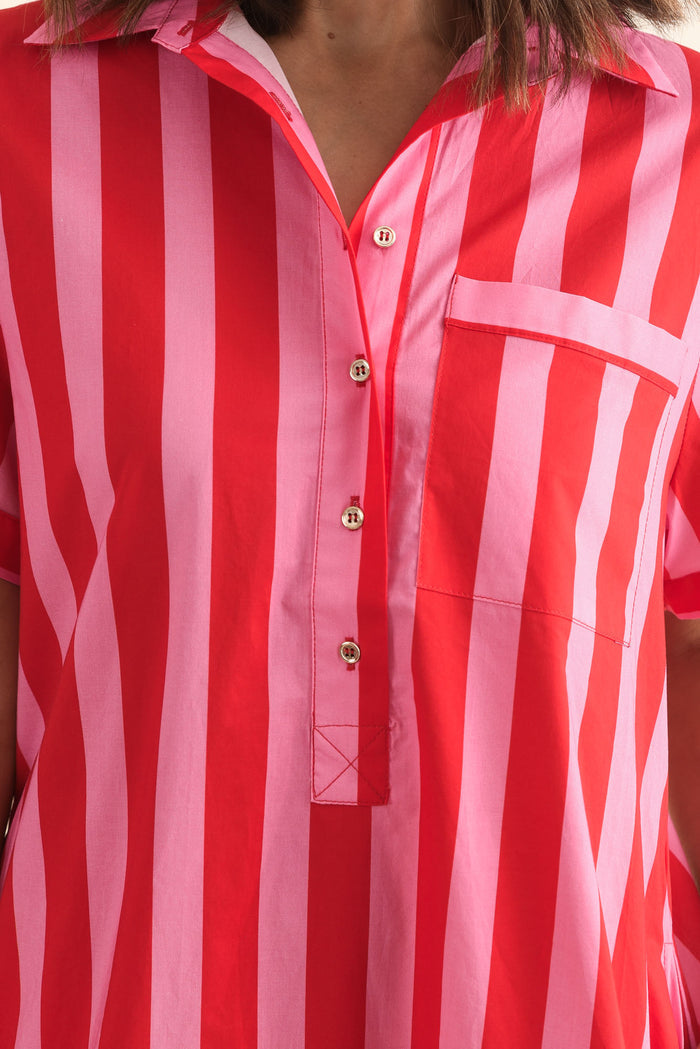 Kareem Red Stripe Cotton Collared Dress,Detail,Brunette model,alt text|model:Cara